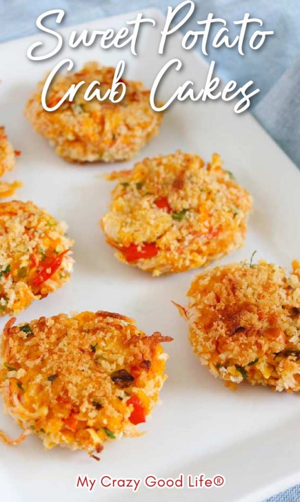 sweet potato crab cakes on a white platter