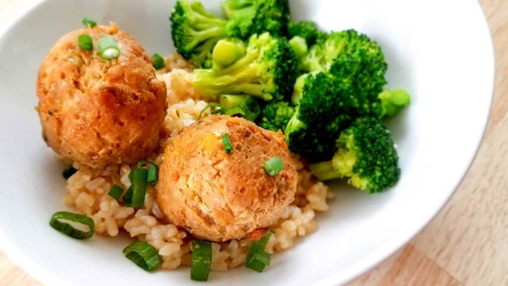 Weight Watchers Teriyaki Meatballs with Rice on a white plate