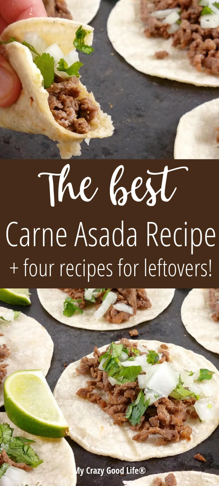 This healthy Carne Asada recipe is so easy and delicious! In addition to this easy Carne Asada marinade recipe, I'm including recipes that you can make with the leftovers–if you have them! Street Tacos, a Burrito Salad Bowl with Homemade Dressing, Enchiladas, and Tostadas! 