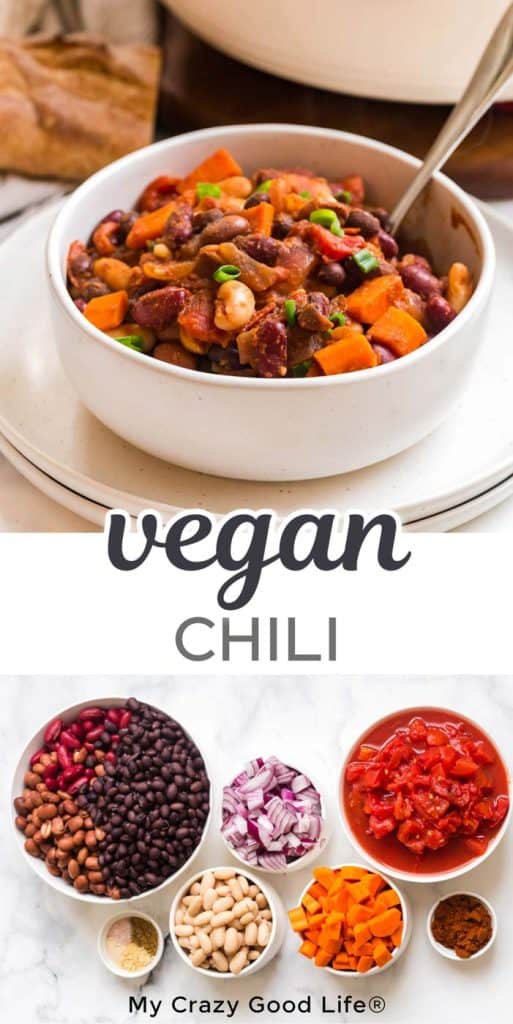 collage with chili ingredients on bottom and a cooked bowl of chili on top, with text in between