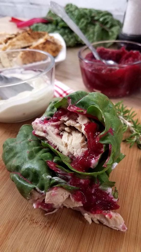 vertical image close up of lettuce wraps with cranberry