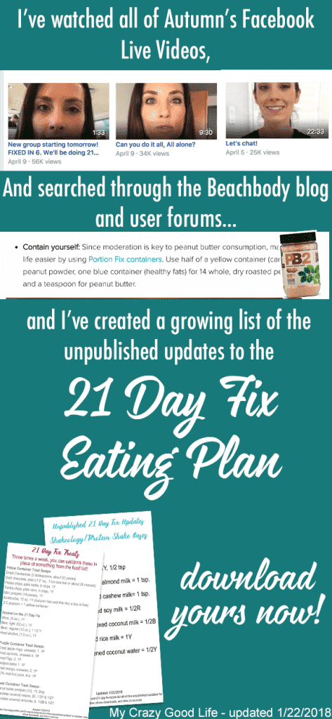 If you're struggling to find the Unpublished 21 Day Fix foods list updates, I've got them! I've searched the YouTube videos, the Facebook Live videos, and the blogs to bring it to you. Here are the updates (and free downloads) of the new treat swaps, Shakeology bases, and more!